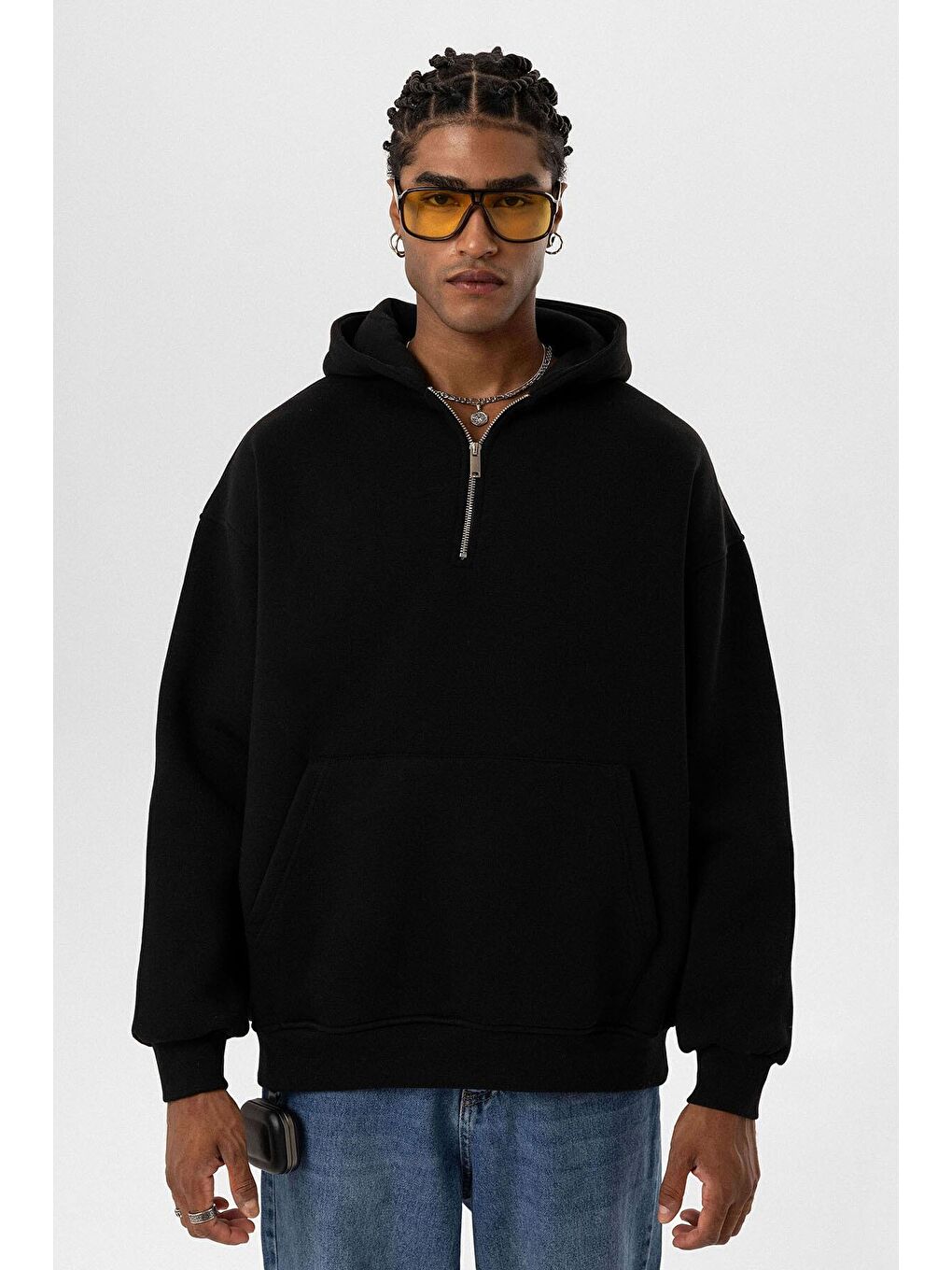 Siyah Basic Oversize Fermuar Detaylı Kapüşonlu  Erkek Hoodie