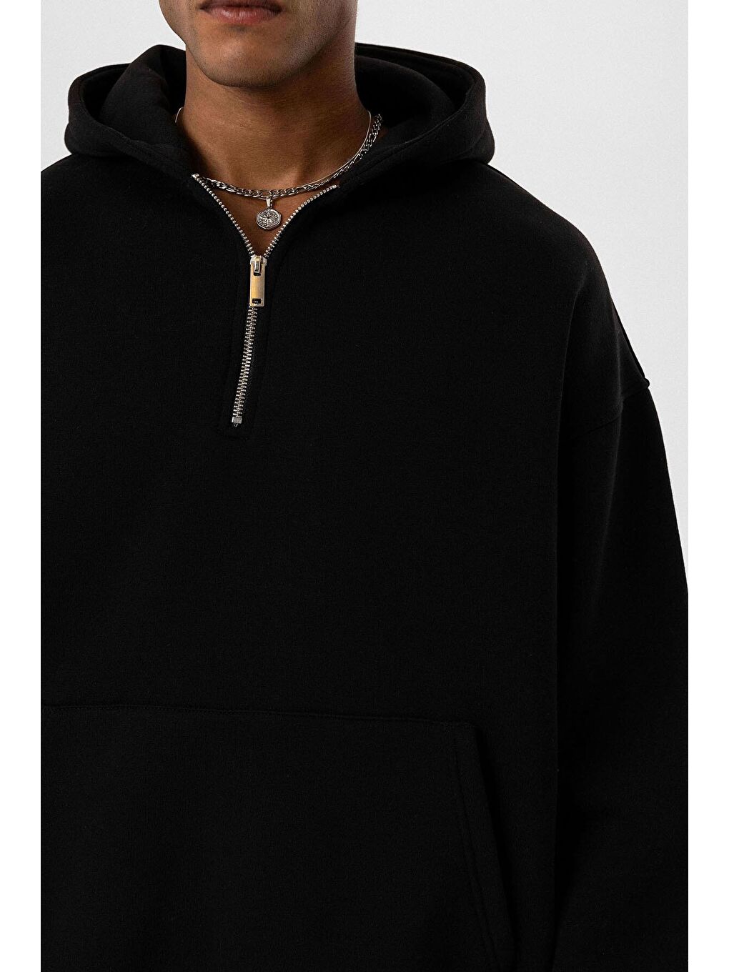 Siyah Basic Oversize Fermuar Detaylı Kapüşonlu  Erkek Hoodie-3