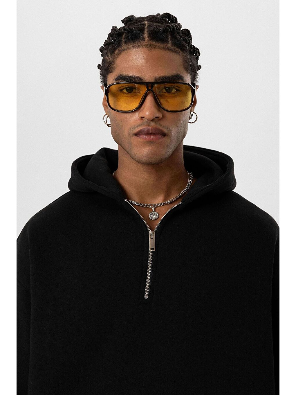 Siyah Basic Oversize Fermuar Detaylı Kapüşonlu  Erkek Hoodie-4
