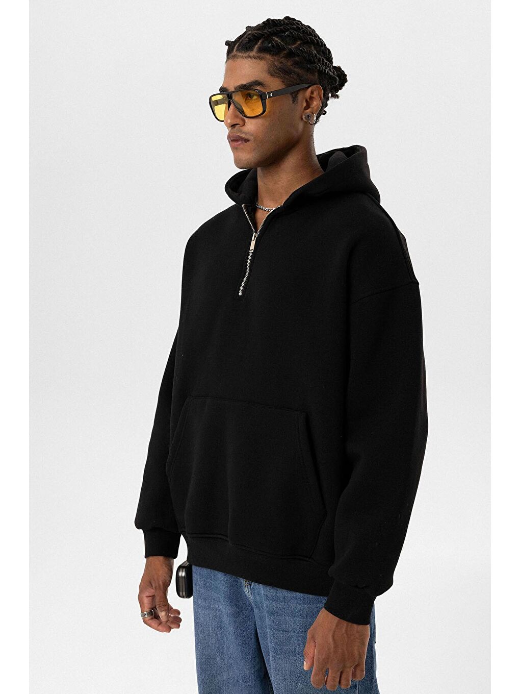 Siyah Basic Oversize Fermuar Detaylı Kapüşonlu  Erkek Hoodie-7