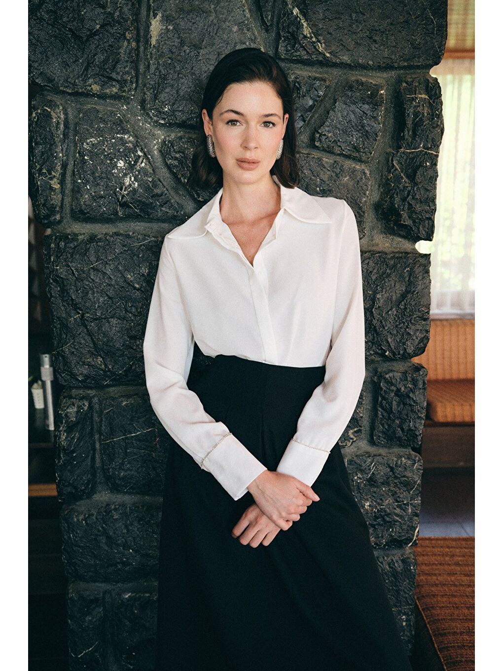 Aksesuarlı Klasik Gömlek - Ekru