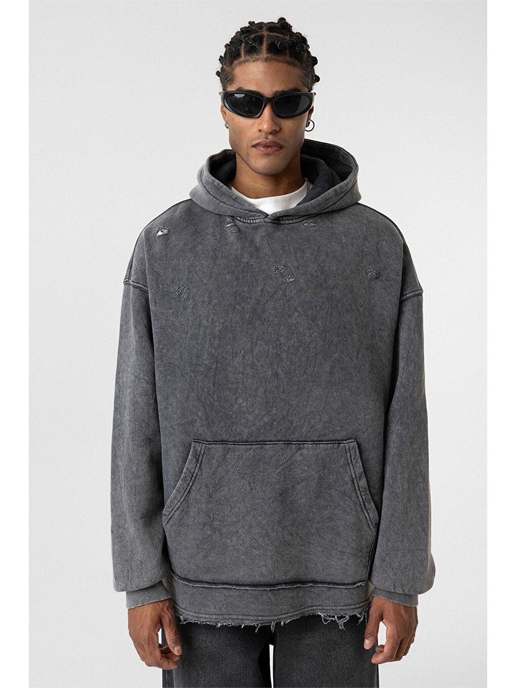 Yıkamalı Yırtık Detaylı Oversize Erkek Kapüşonlu Sweatshirt Hoodie Siyah