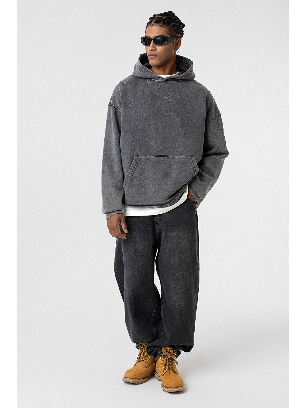 Yıkamalı Yırtık Detaylı Oversize Erkek Kapüşonlu Sweatshirt Hoodie Siyah-2