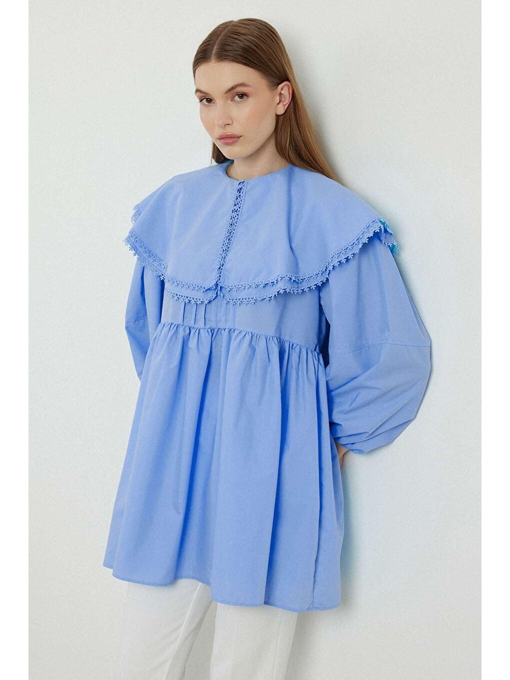 Yakalı Mavi Poplin Tunik