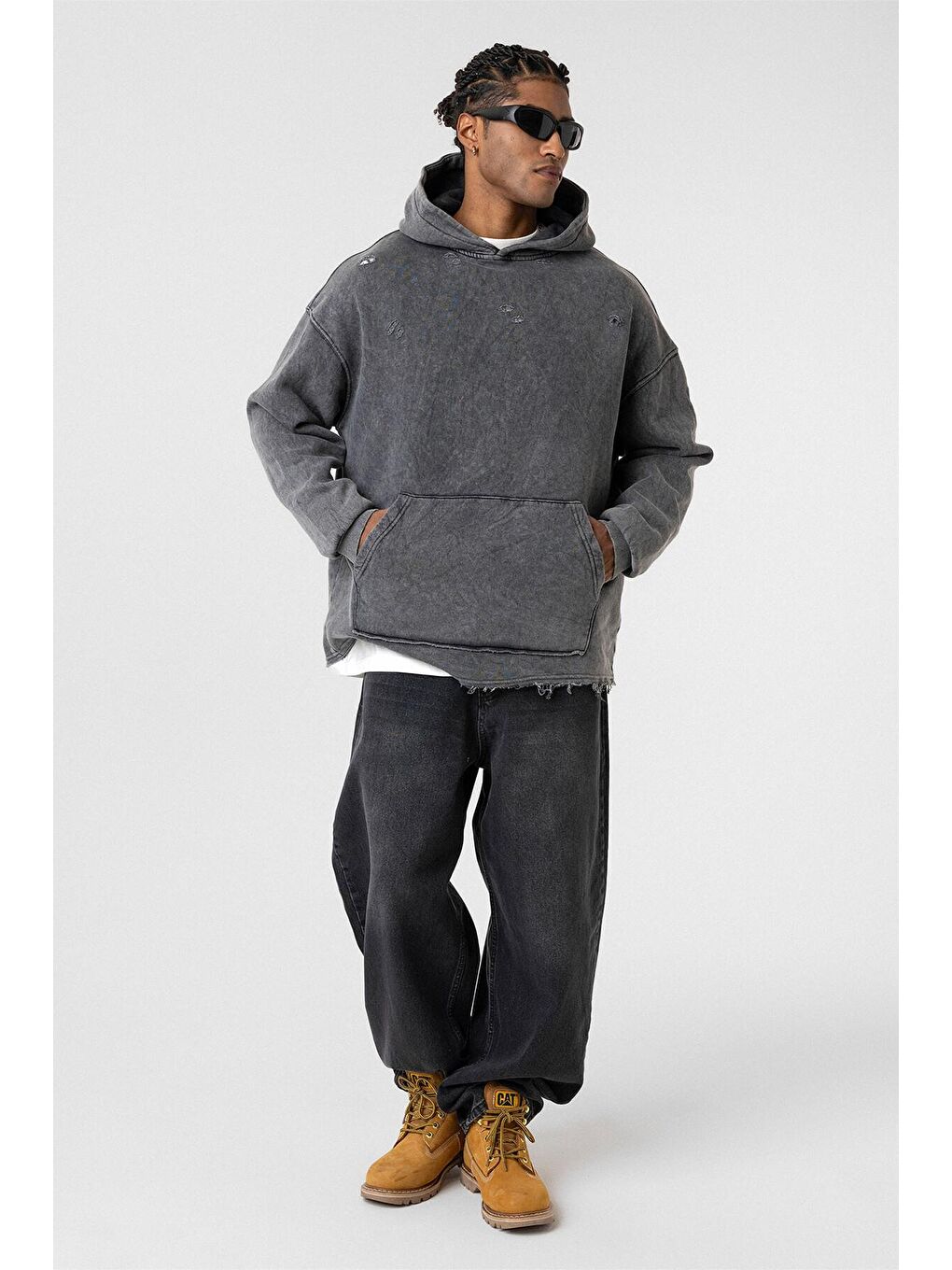Yıkamalı Yırtık Detaylı Oversize Erkek Kapüşonlu Sweatshirt Hoodie Siyah-4
