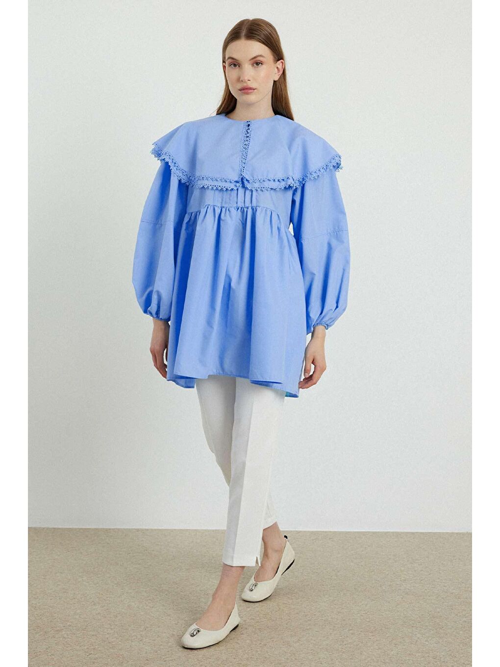 Yakalı Mavi Poplin Tunik-1