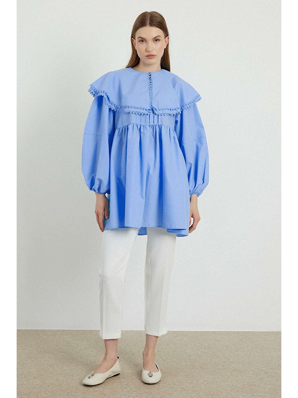 Yakalı Mavi Poplin Tunik-3