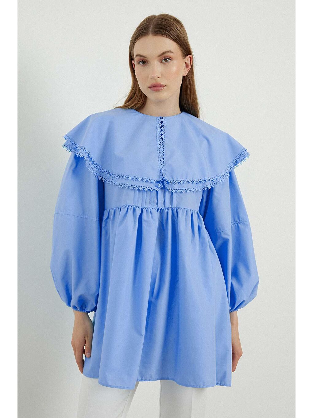 Yakalı Mavi Poplin Tunik-4