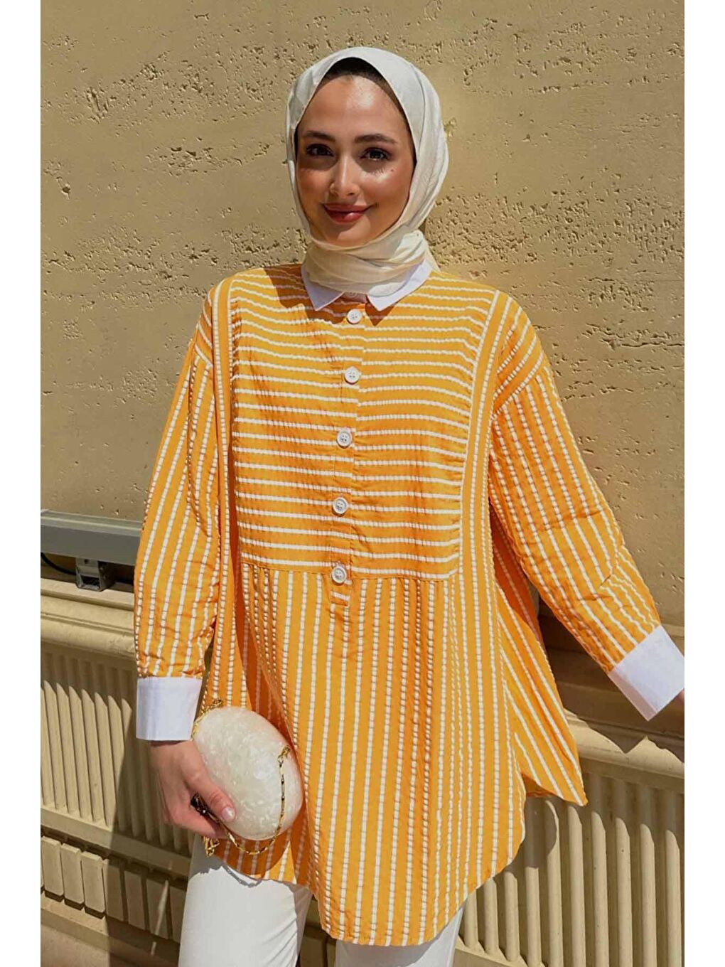Turuncu Çizgi Dokulu Gömlek - Soft Oranj