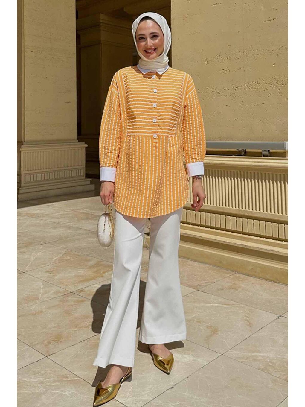 Turuncu Çizgi Dokulu Gömlek - Soft Oranj-1