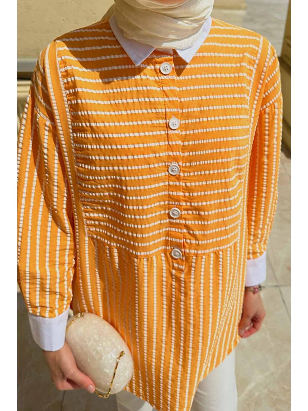 Turuncu Çizgi Dokulu Gömlek - Soft Oranj-2