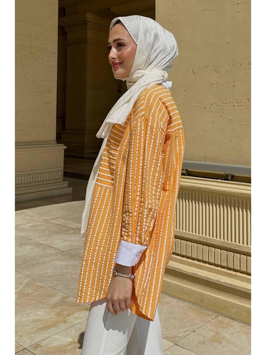 Turuncu Çizgi Dokulu Gömlek - Soft Oranj-3
