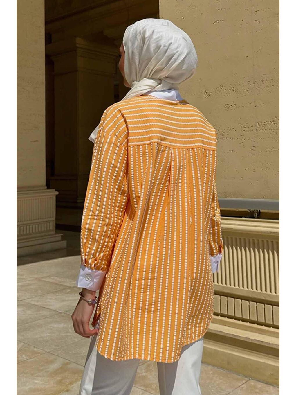 Turuncu Çizgi Dokulu Gömlek - Soft Oranj-4