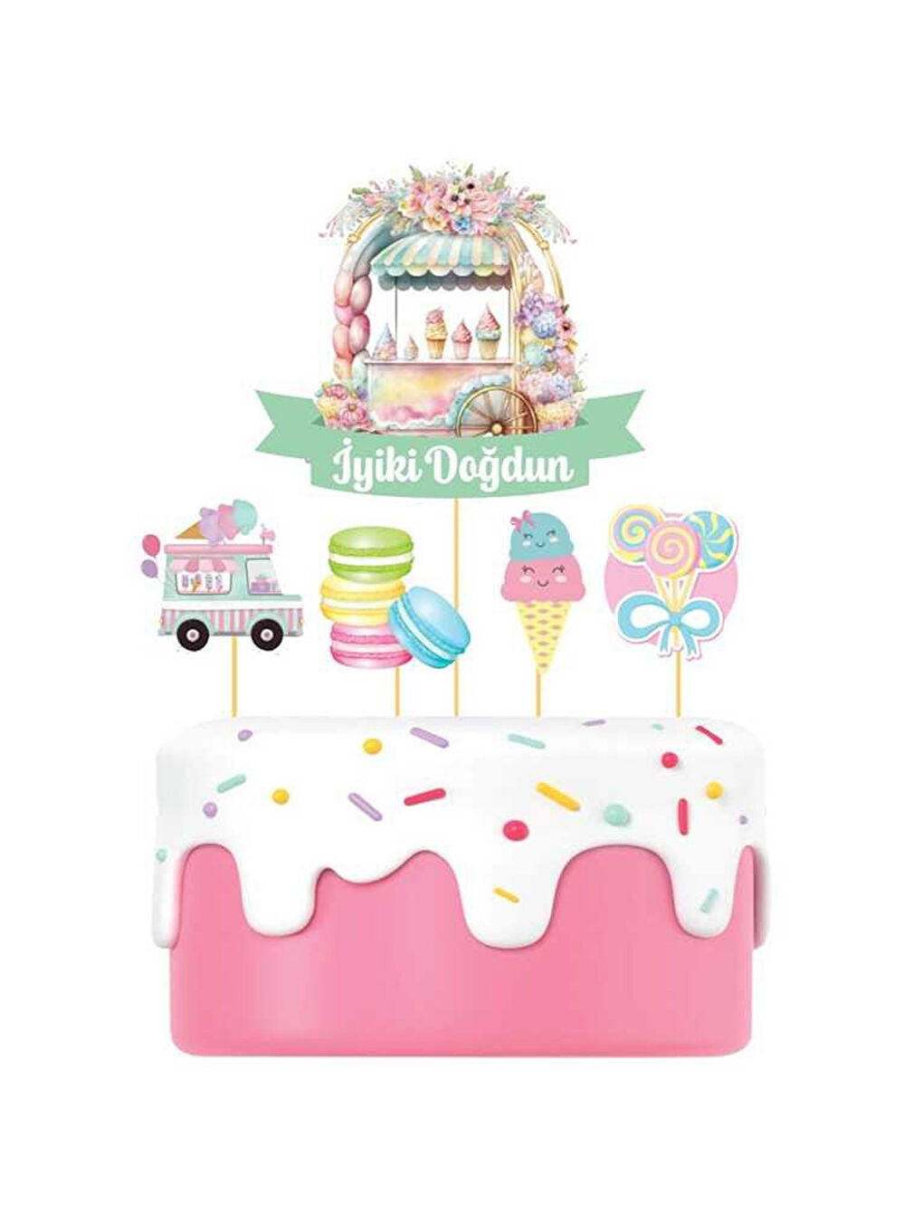 Karışık Çok Renkli Makaron Detaylı İyi Ki Doğdun Pasta Süsü