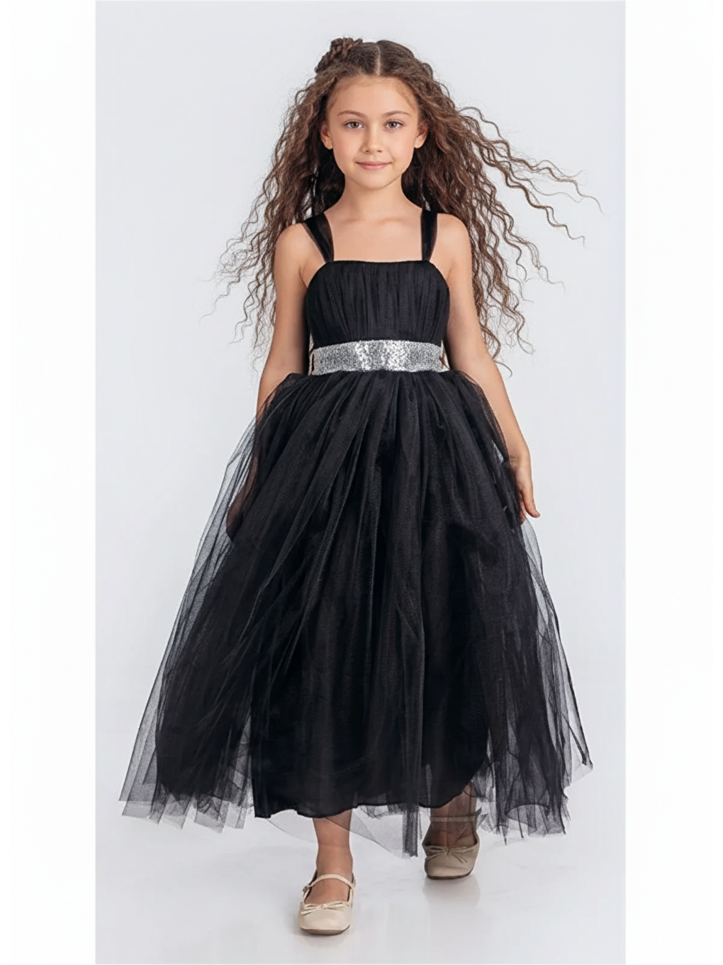 Siyah Sırt Gipeli Tütü Etek Kız Çocuk Saten Parti Abiye Elbise MNK0340