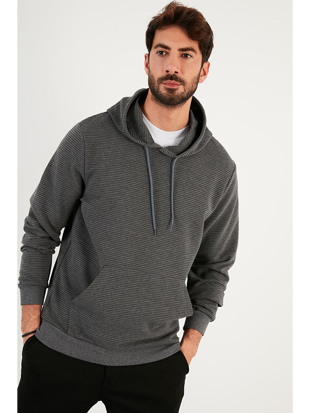 Antrasit Pamuklu Kapüşonlu Kanguru Cepli Slim Fit Erkek Hoodie 5896598