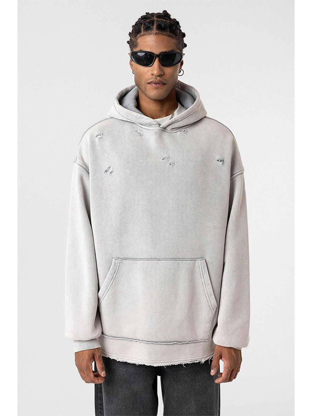 Yıkamalı Yırtık Detaylı Oversıze Erkek Hoodie Açık Gri