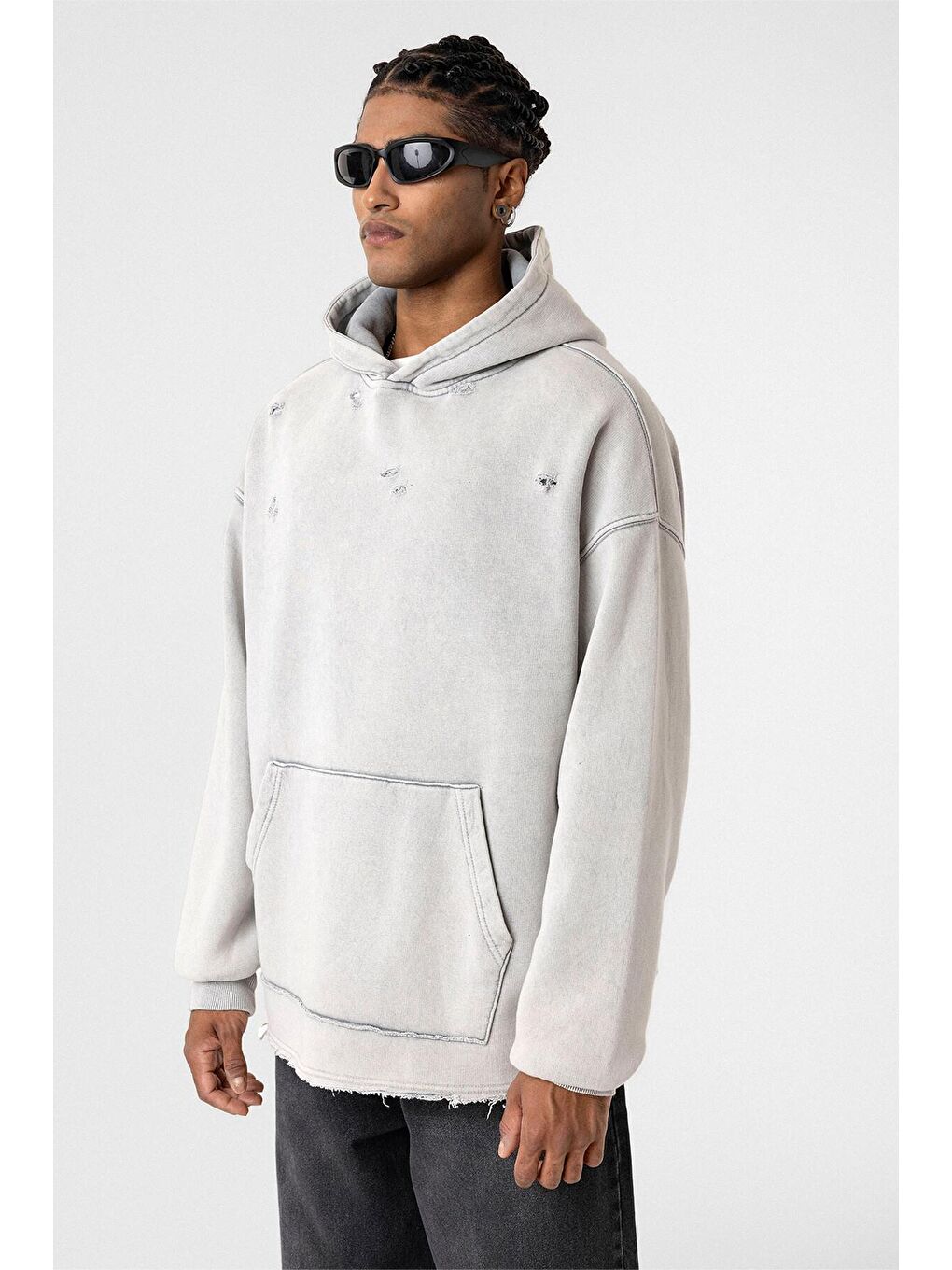 Yıkamalı Yırtık Detaylı Oversıze Erkek Hoodie Açık Gri-3