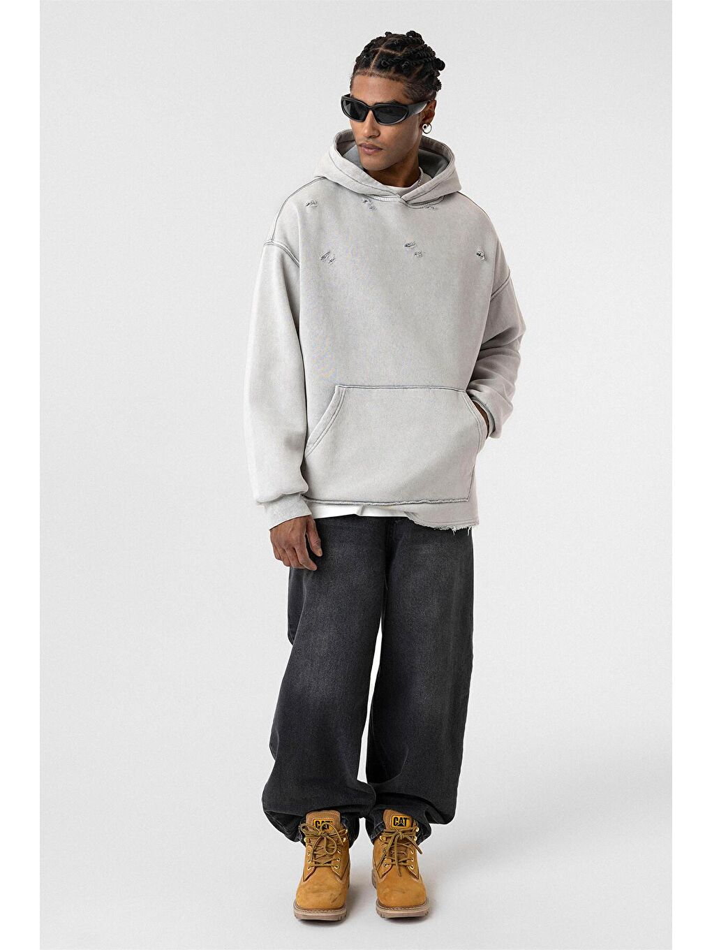 Yıkamalı Yırtık Detaylı Oversıze Erkek Hoodie Açık Gri-4