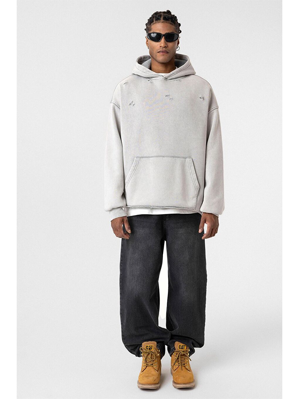 Yıkamalı Yırtık Detaylı Oversıze Erkek Hoodie Açık Gri-6