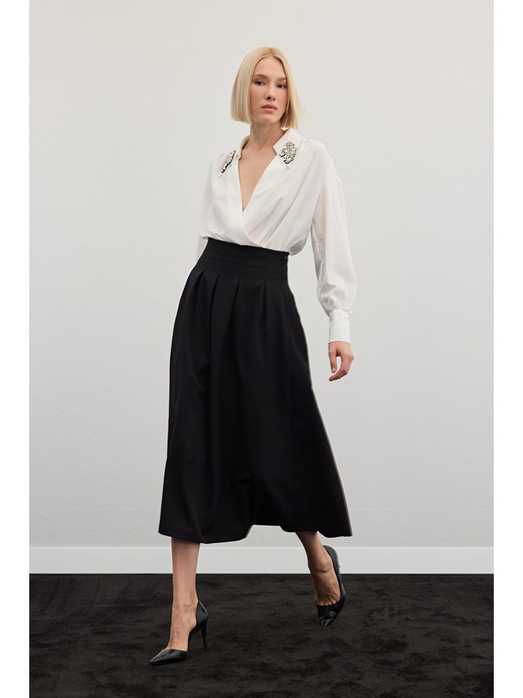 Pileli Midi Etek - Siyah-1