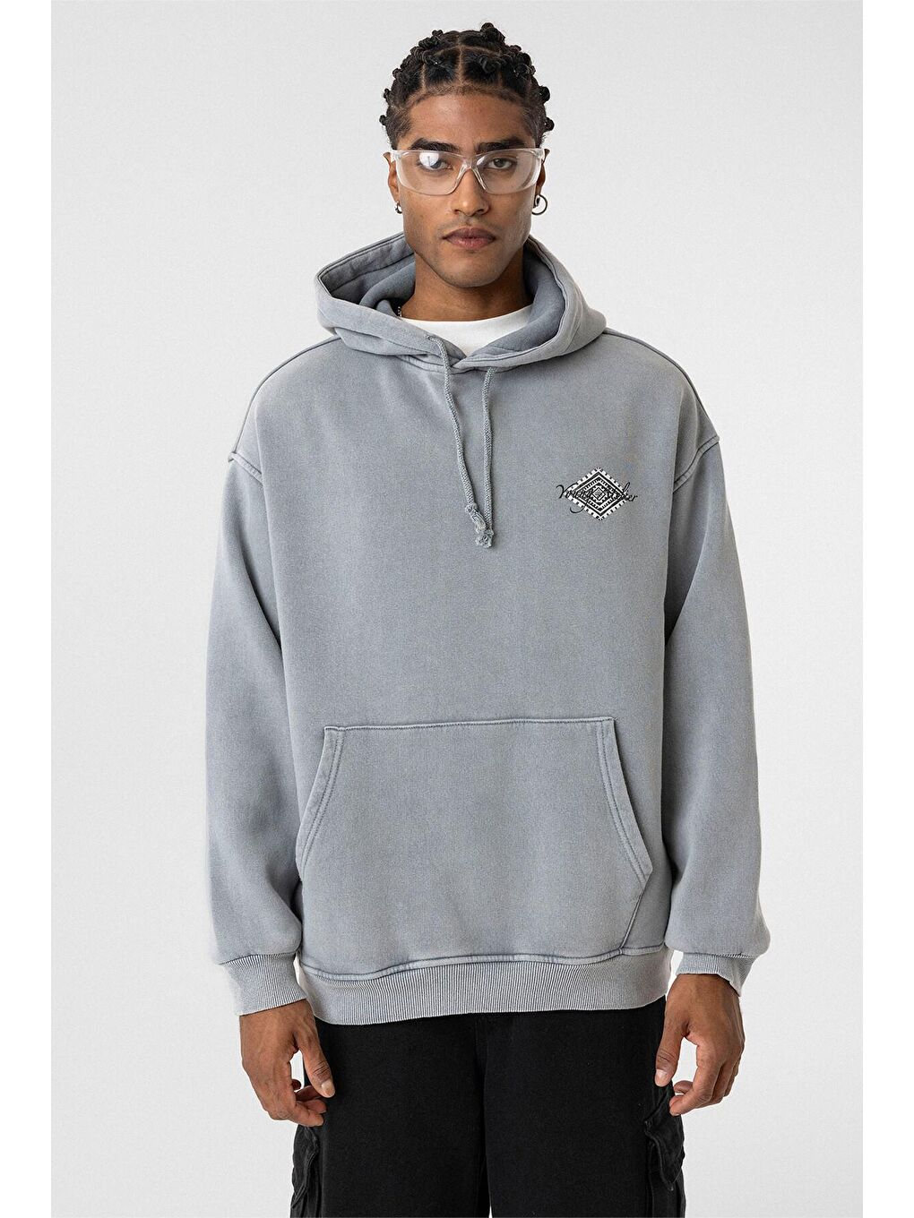Yıkamalı Sırt Baskılı Oversize Erkek Kapüşonlu Sweatshirt Hoodie Açık Gri