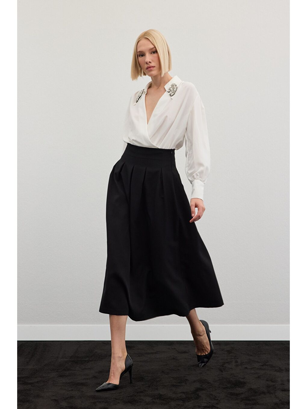 Pileli Midi Etek - Siyah-2