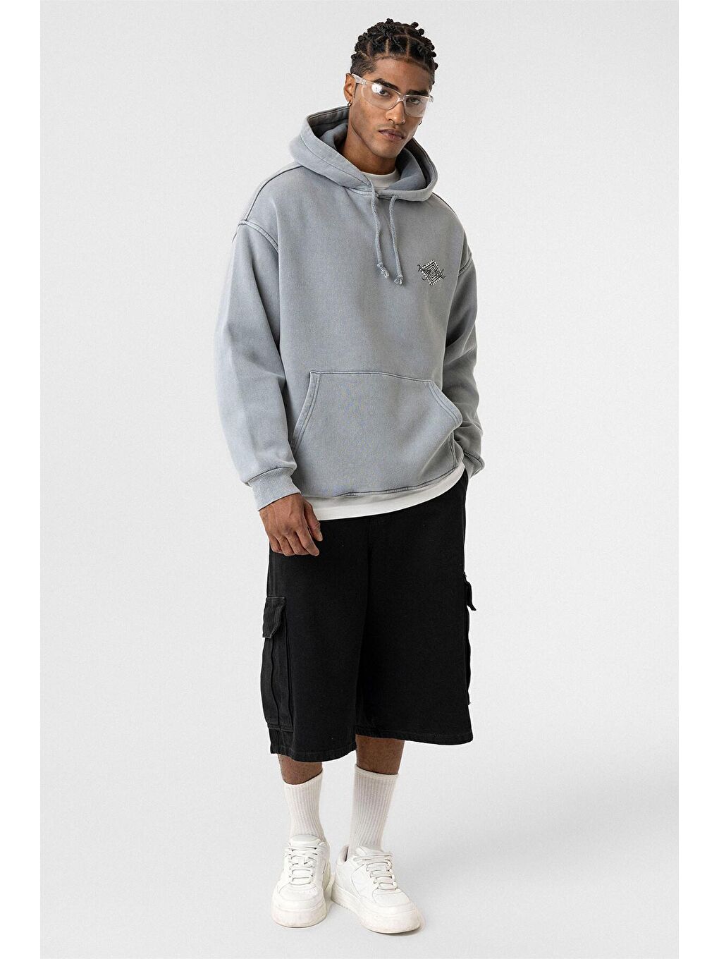 Yıkamalı Sırt Baskılı Oversize Erkek Kapüşonlu Sweatshirt Hoodie Açık Gri-2