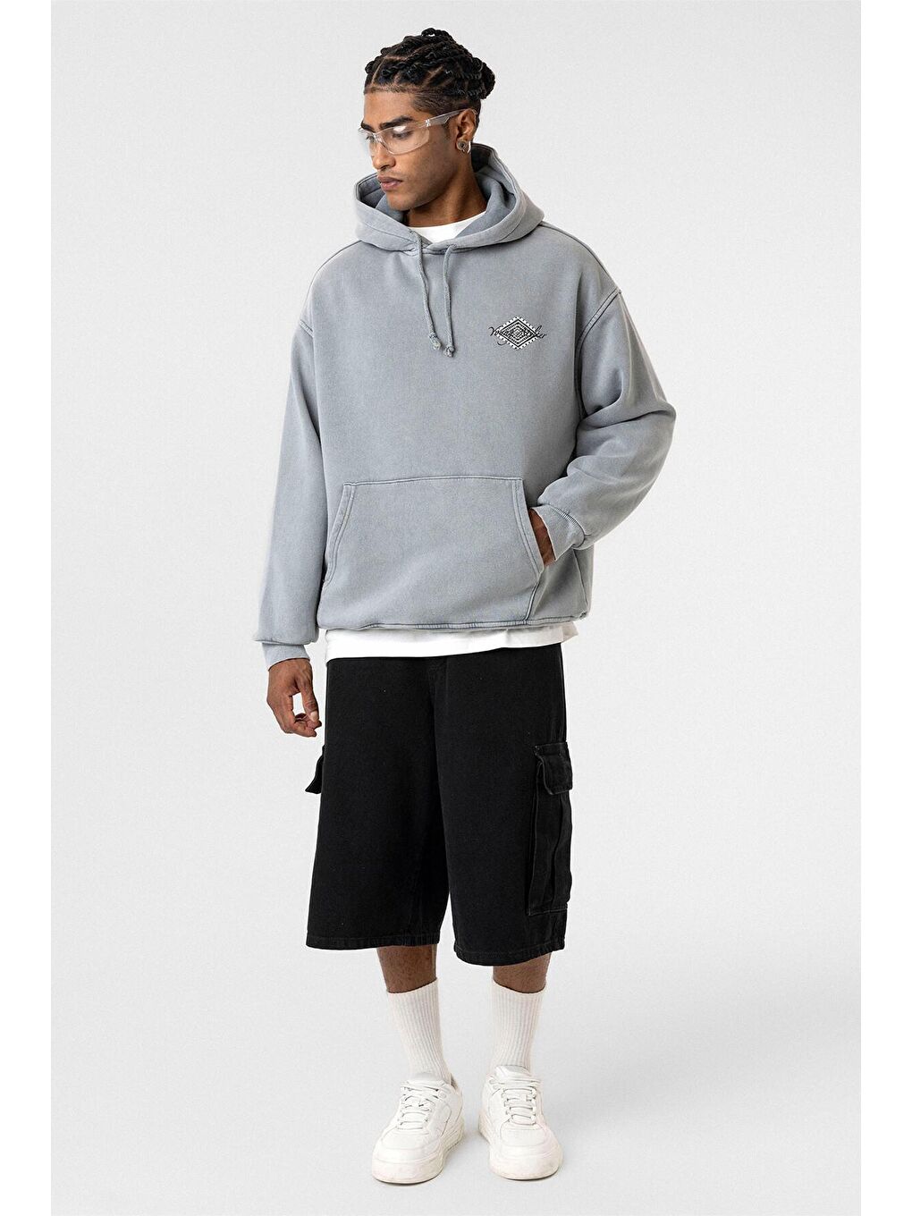 Yıkamalı Sırt Baskılı Oversize Erkek Kapüşonlu Sweatshirt Hoodie Açık Gri-3