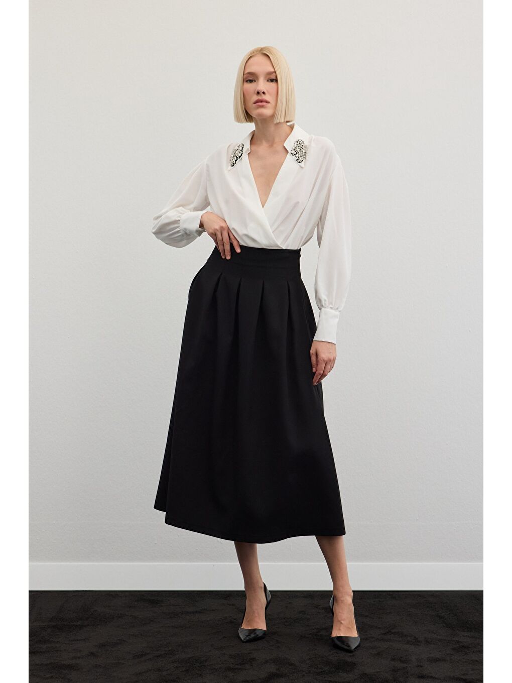 Pileli Midi Etek - Siyah-3