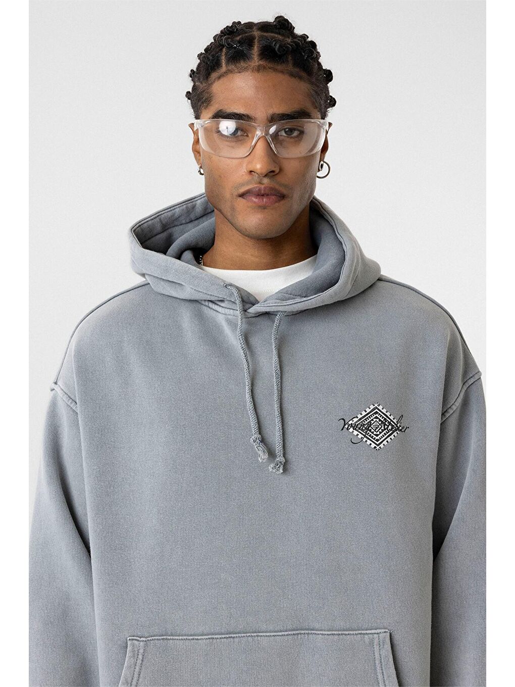 Yıkamalı Sırt Baskılı Oversize Erkek Kapüşonlu Sweatshirt Hoodie Açık Gri-4