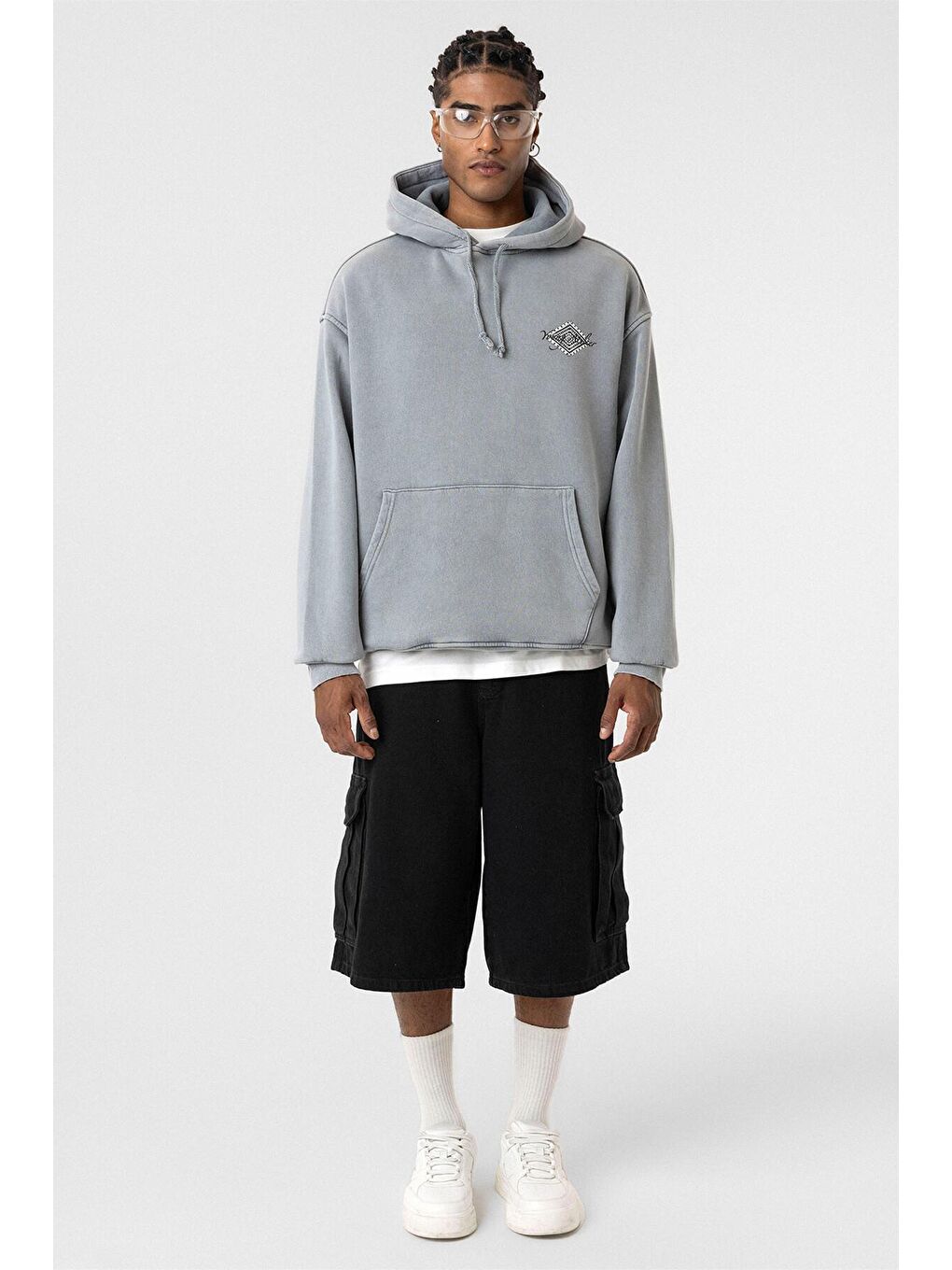 Yıkamalı Sırt Baskılı Oversize Erkek Kapüşonlu Sweatshirt Hoodie Açık Gri-6