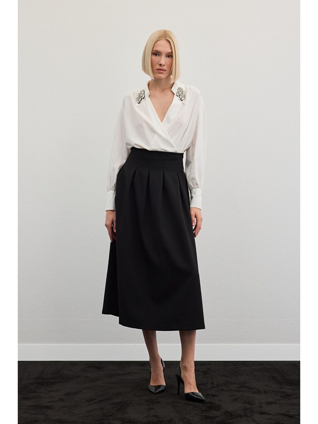 Pileli Midi Etek - Siyah-4