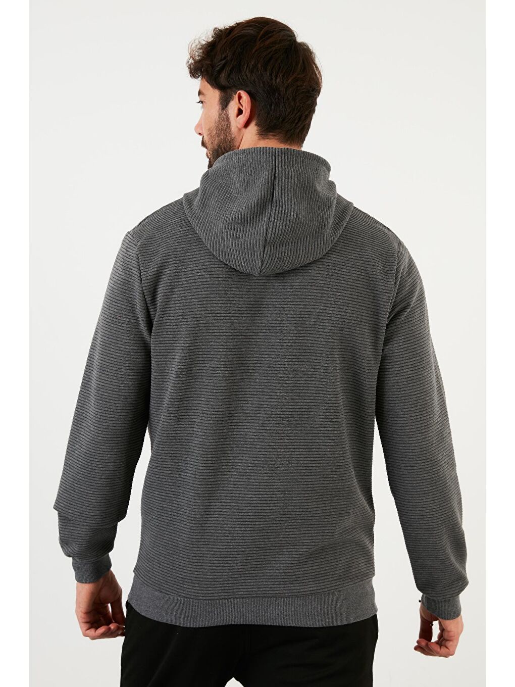 Antrasit Pamuklu Kapüşonlu Kanguru Cepli Slim Fit Erkek Hoodie 5896598-4