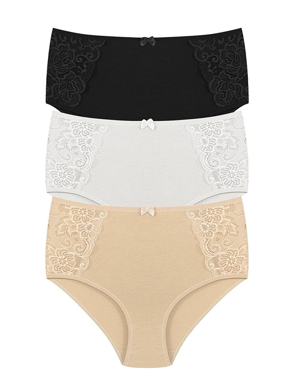 Siyah Pamuklu Yanları Dantel Yüksek Bel Büyük Beden Kadın Külot 3'lü