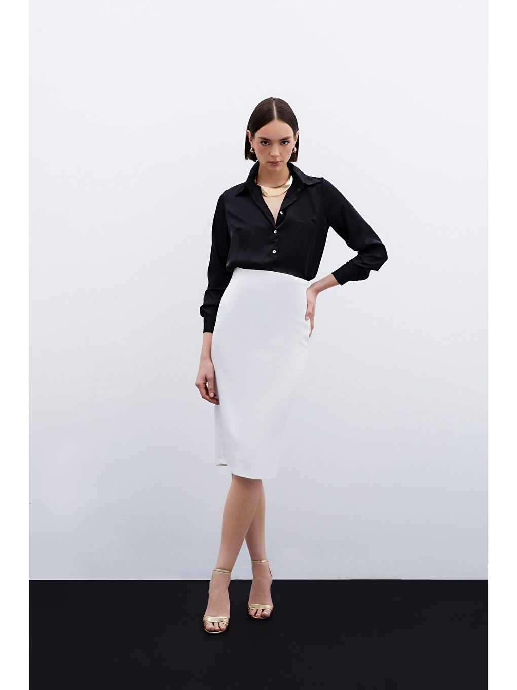 Düz Kalem Etek - Ekru-3