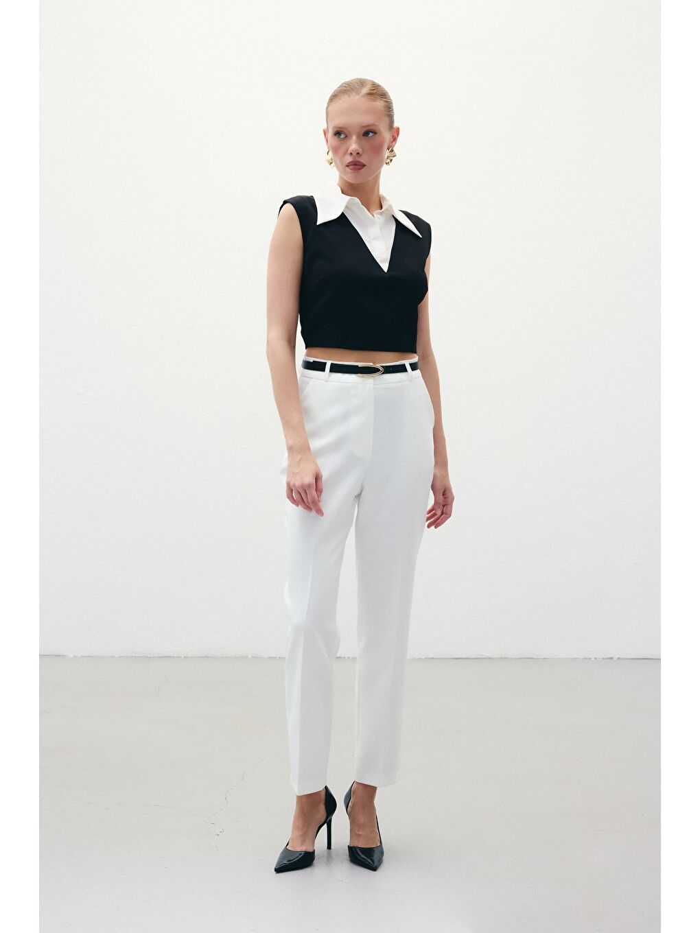 Kemerli Pantolon - Ekru-4