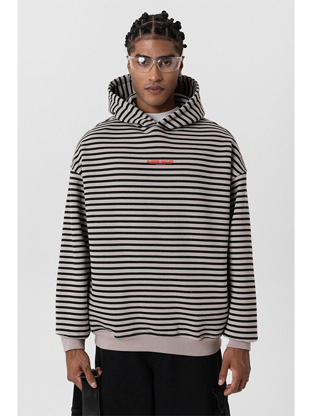 Bej Yazı Detaylı Kapüşonlu Oversize Erkek Hoodie Vizon