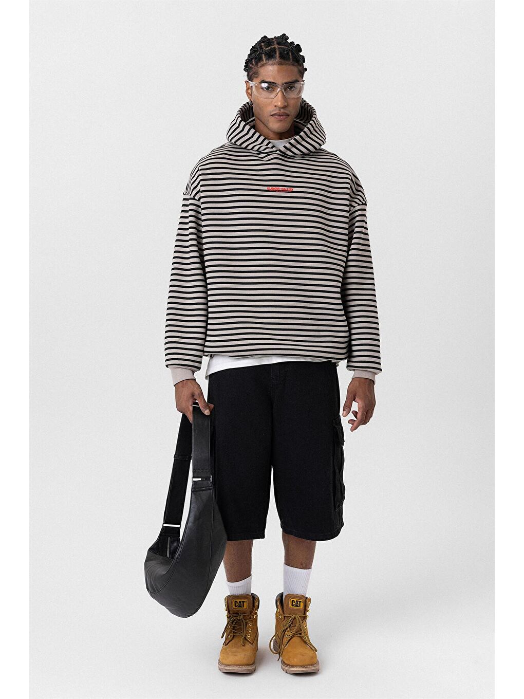 Bej Yazı Detaylı Kapüşonlu Oversize Erkek Hoodie Vizon-3