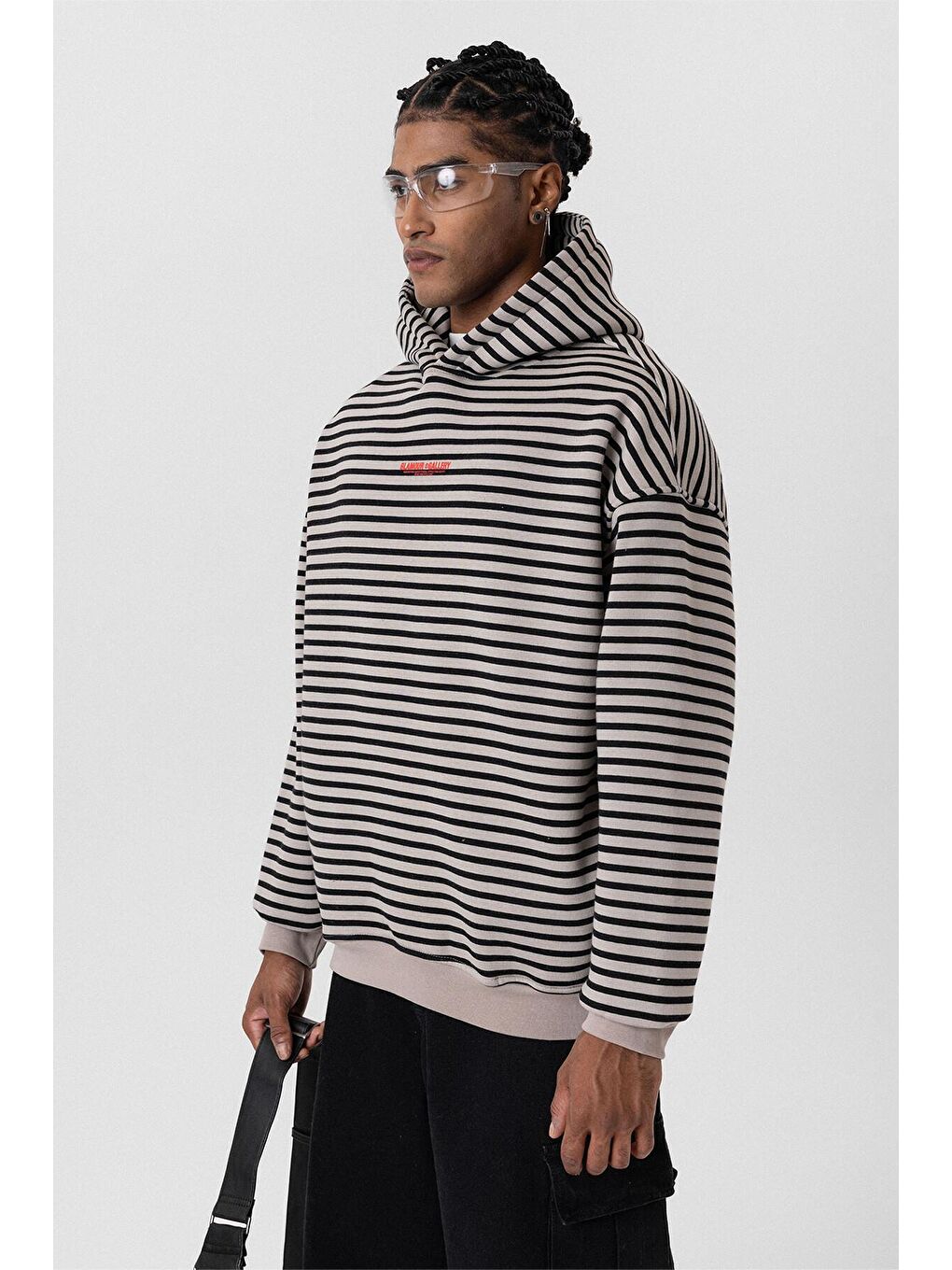 Bej Yazı Detaylı Kapüşonlu Oversize Erkek Hoodie Vizon-6