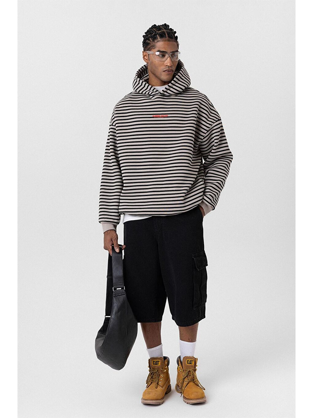 Bej Yazı Detaylı Kapüşonlu Oversize Erkek Hoodie Vizon-7