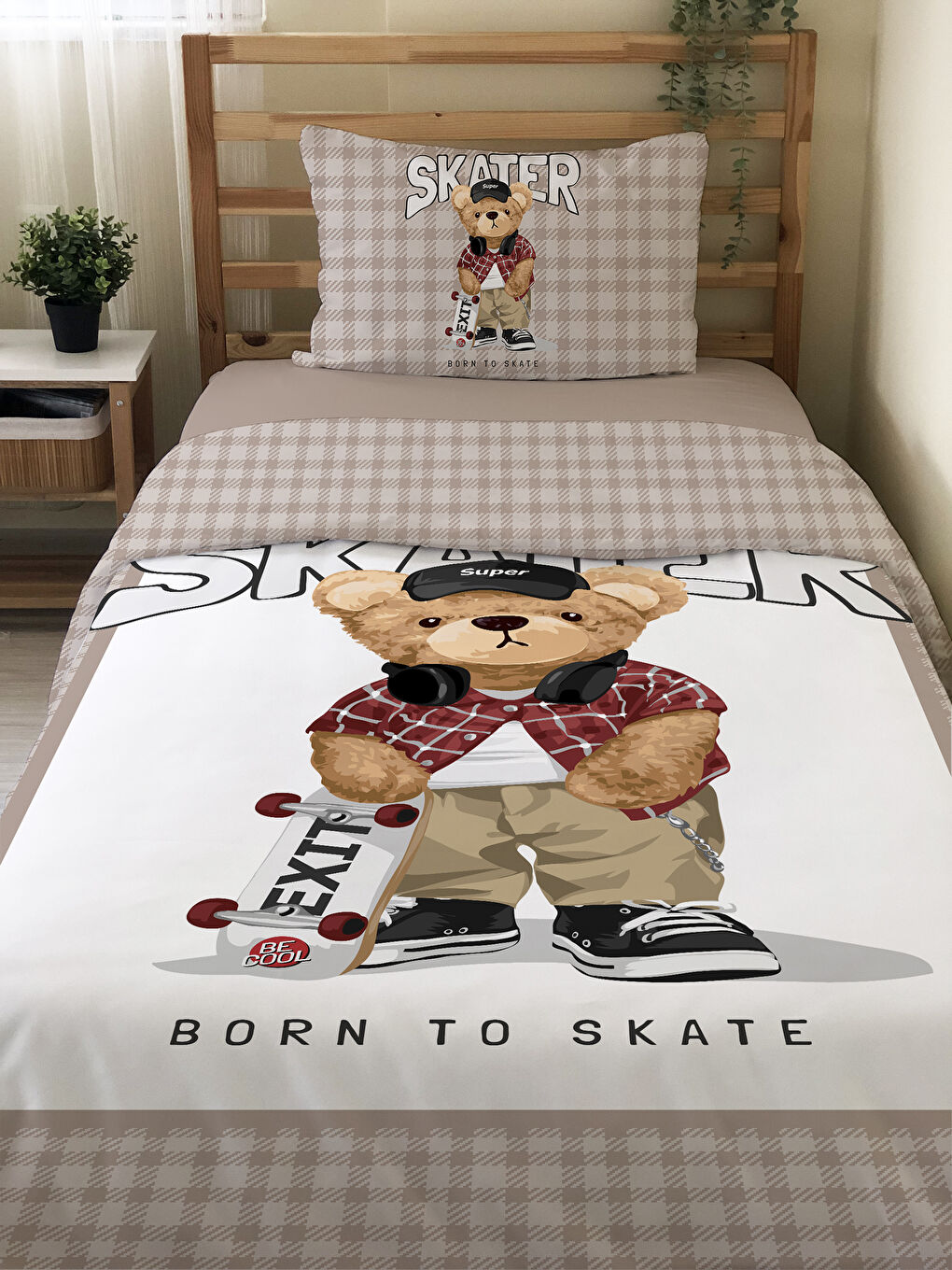 Karışık Tedy Desenli Çarşafsız 2 li Takım Baskılı Tek Kişilik Nevresim Takımı 160x220 cm-1