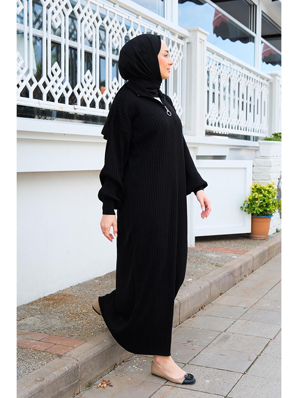 Önü Fermuarlı Triko Elbise Siyah-3