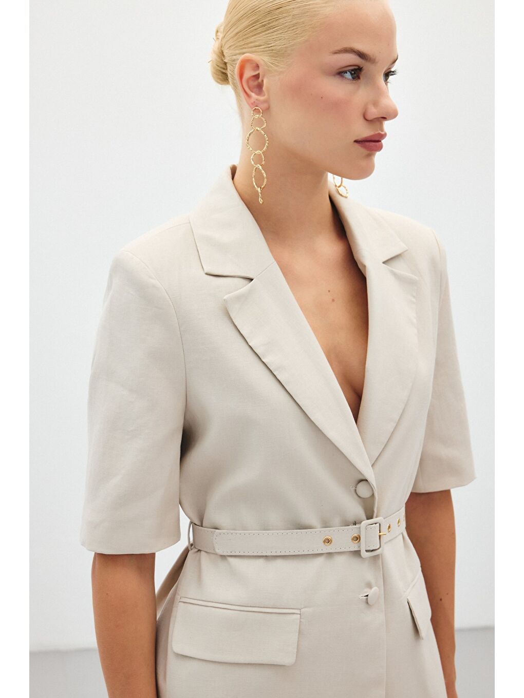 Bej Kısa Kollu Kemerli Ceket - Taş-5