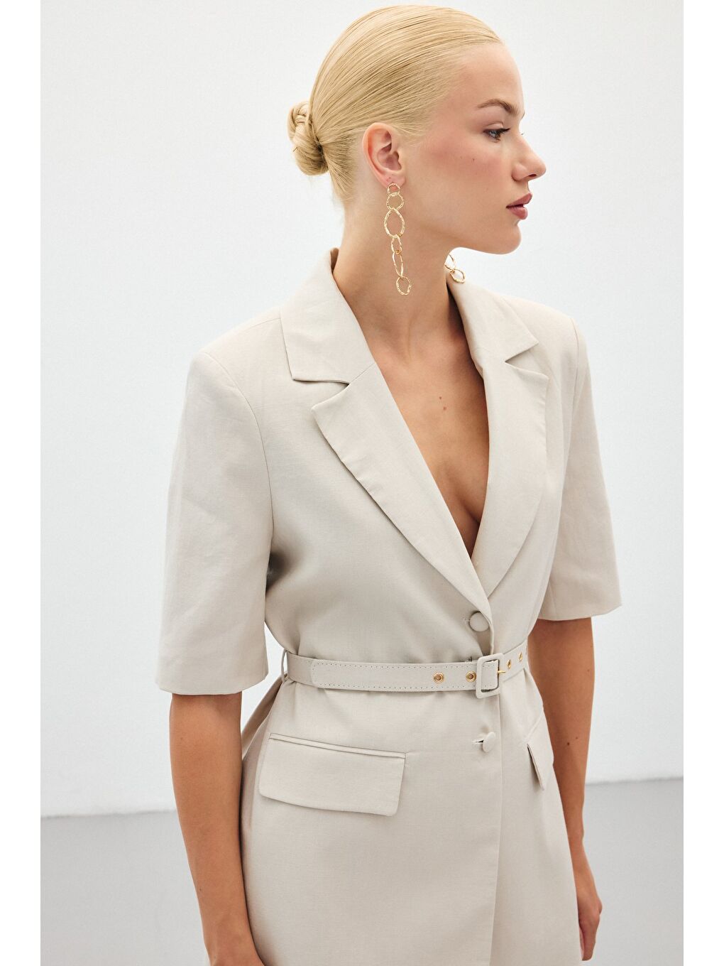 Bej Kısa Kollu Kemerli Ceket - Taş-6