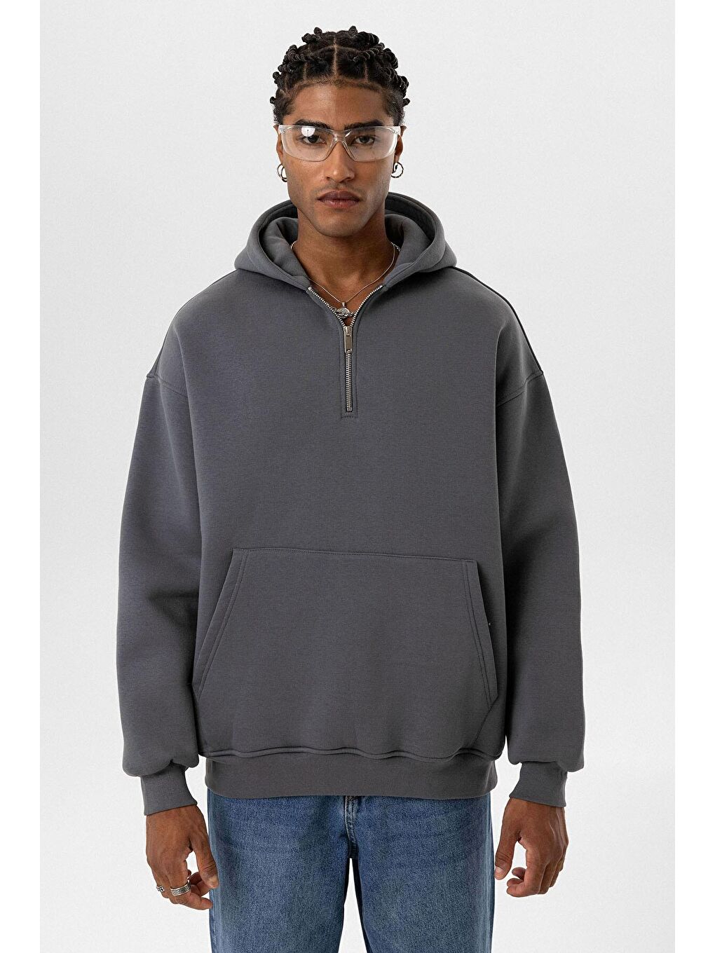 Gri Basic Oversize Fermuar Detaylı Kapüşonlu  Erkek Hoodie