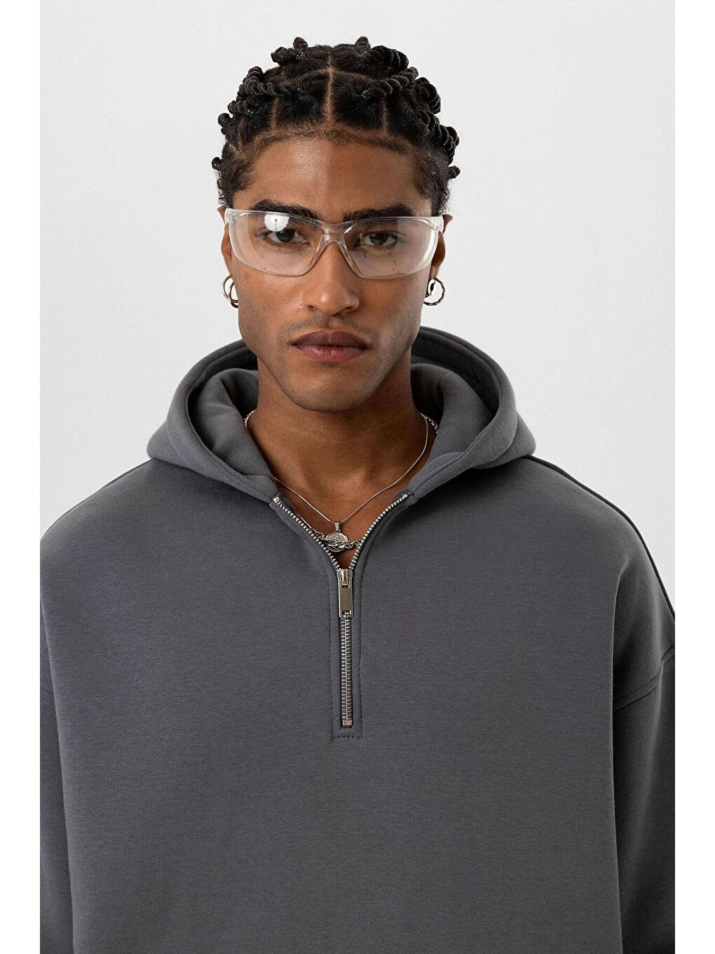 Gri Basic Oversize Fermuar Detaylı Kapüşonlu  Erkek Hoodie-3