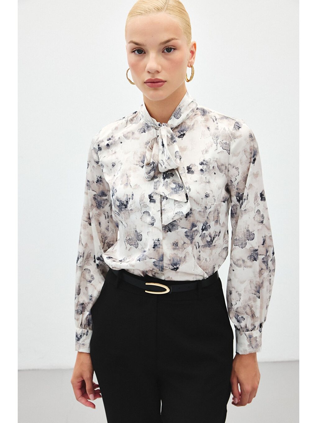 Fularlı Emprime Gömlek - Gri-4