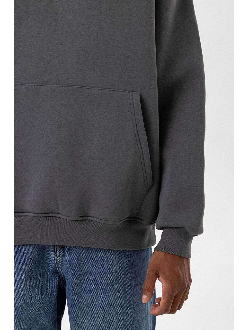 Gri Basic Oversize Fermuar Detaylı Kapüşonlu  Erkek Hoodie-4