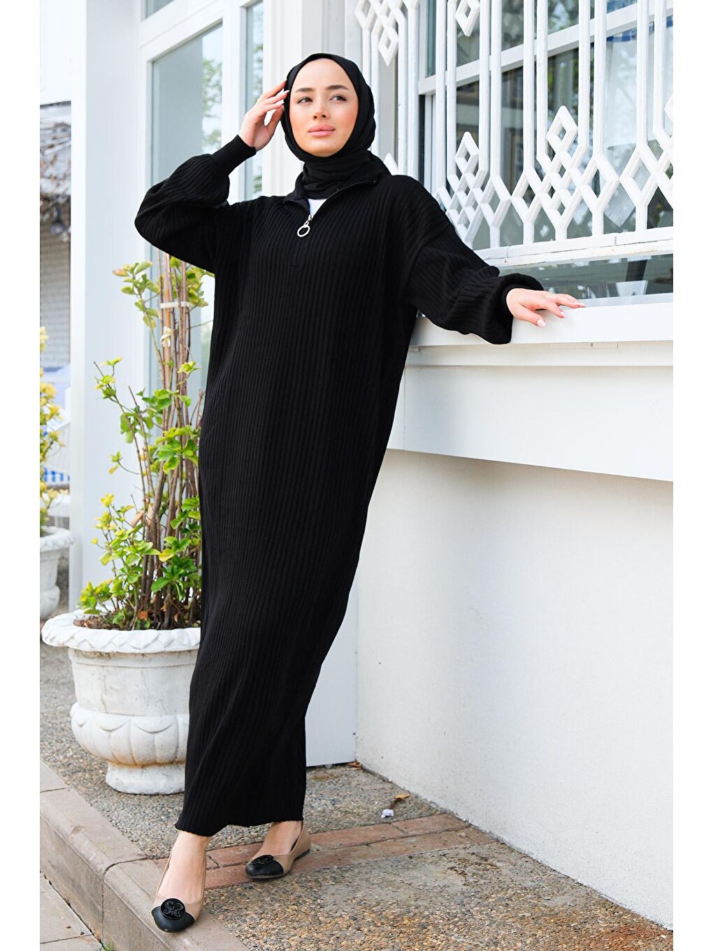 Önü Fermuarlı Triko Elbise Siyah-4